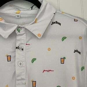 Jim Beam Men’s M White Golf Polo All Over Cocktail Print Lime Lemon Stretch